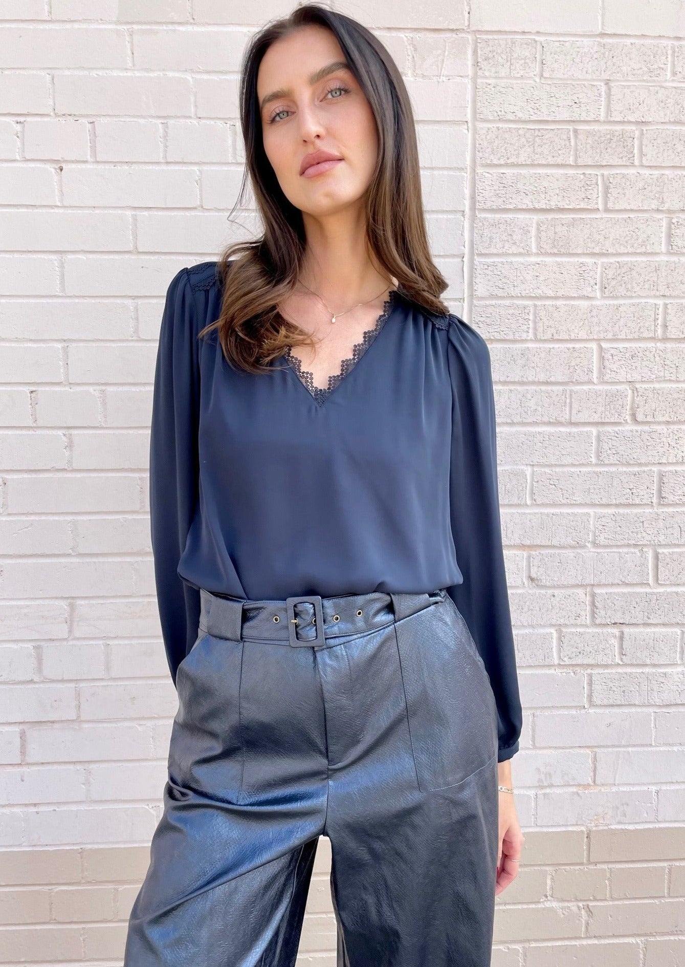 The Pink Door Lace Trim V-Neck Blouse - Navy