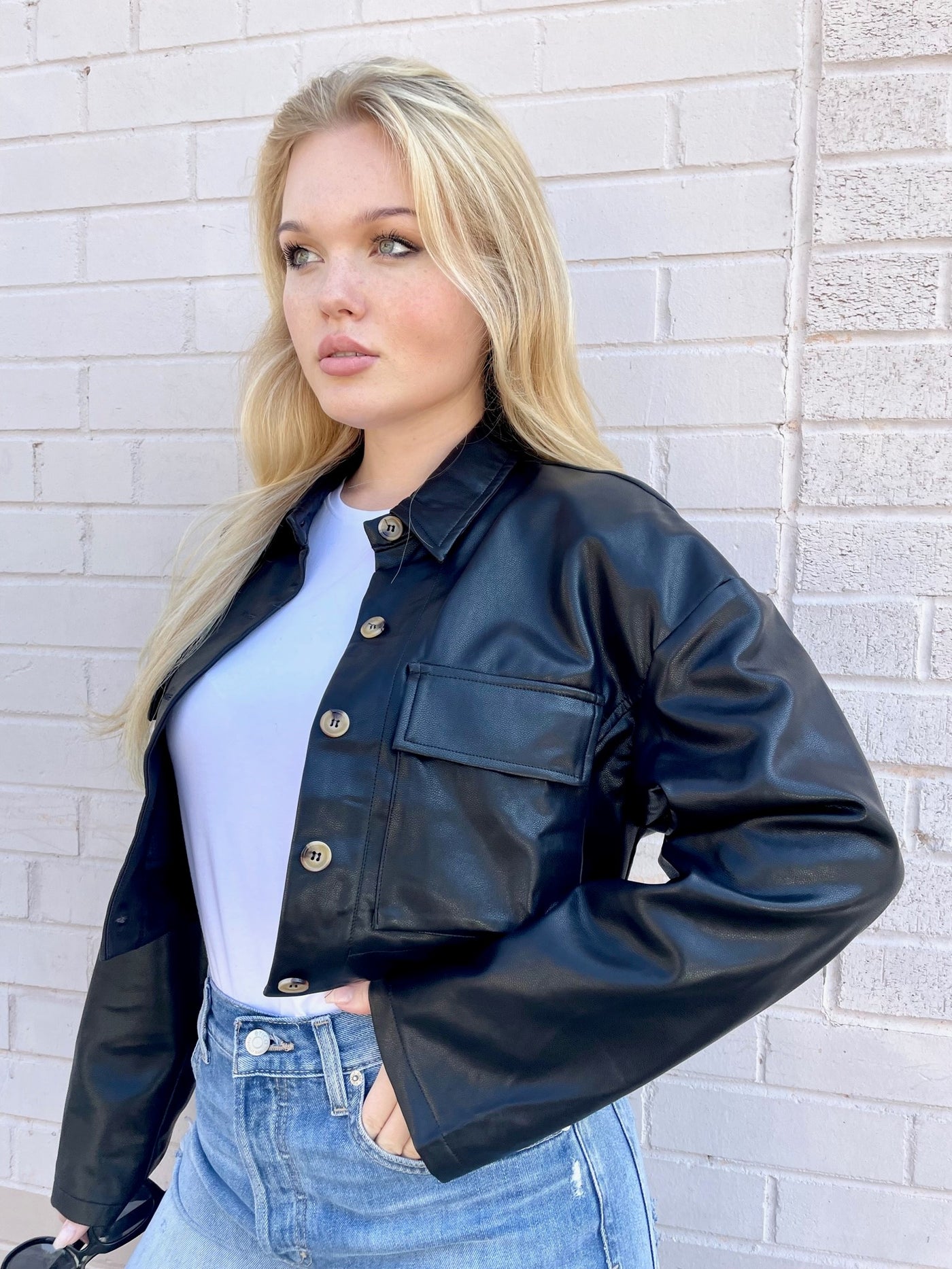 The Pink Door Cropped Faux Leather Jacket - Black