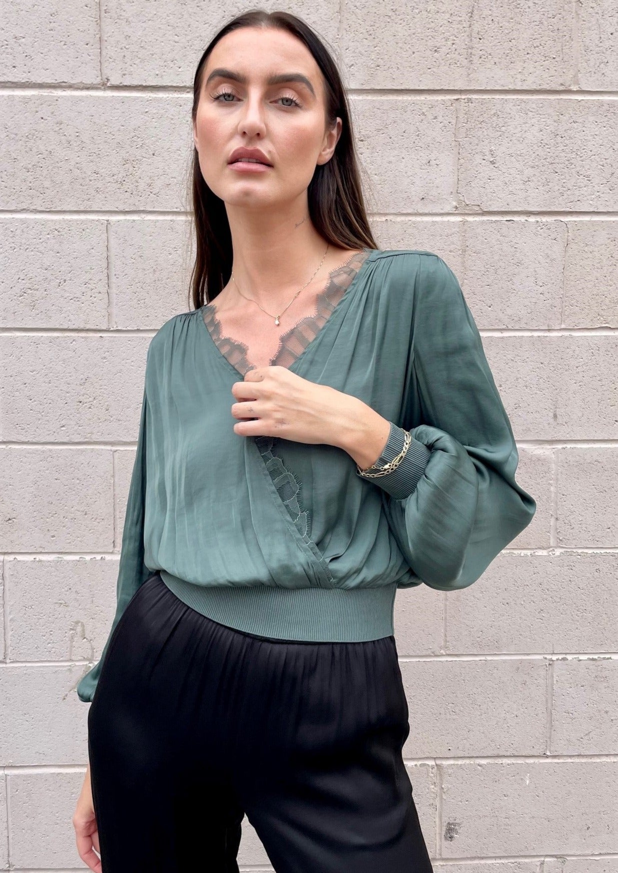The Pink Door Crossover Blouse w/ Lace - Green