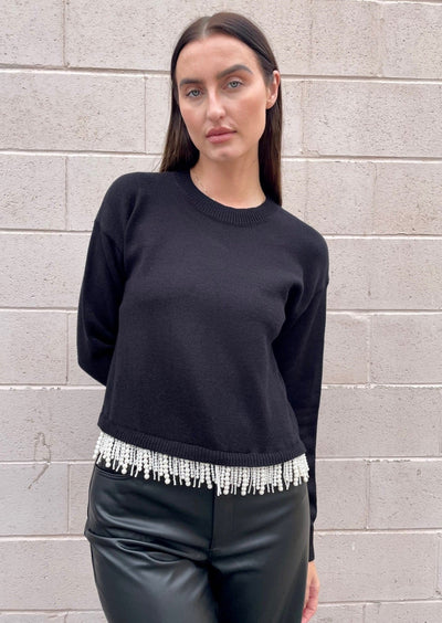 The Pink Door Sweater w/ Pearl Fringe Detail - Black