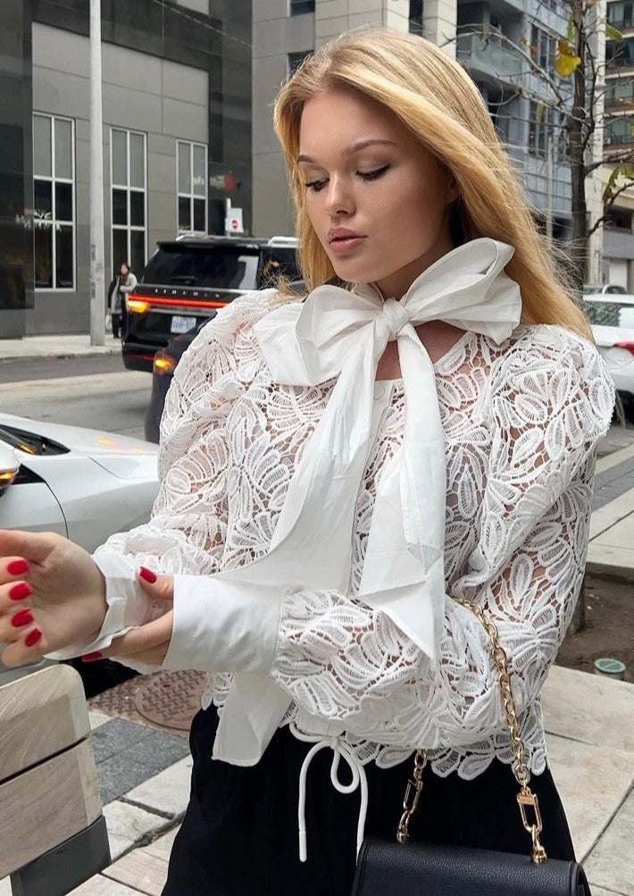 The Pink Door Lace Blouse w/ Bow Tie - White