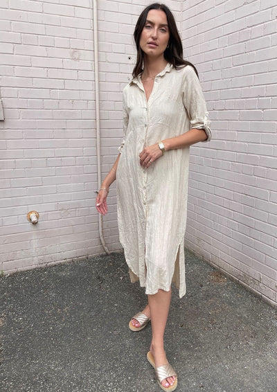 The Pink Door Long Linen Shirt Dress - Natural
