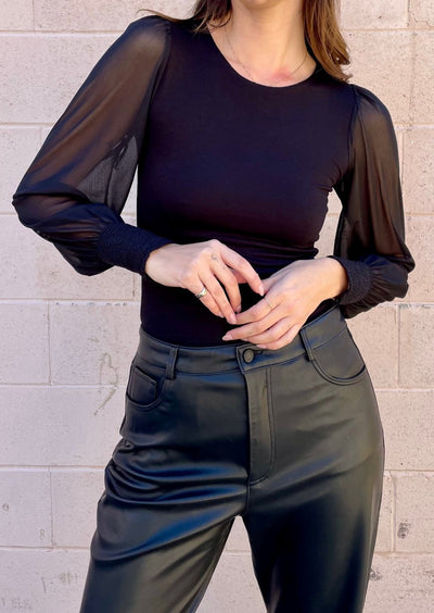 The Pink Door Mesh Balloon Sleeve Top - Black