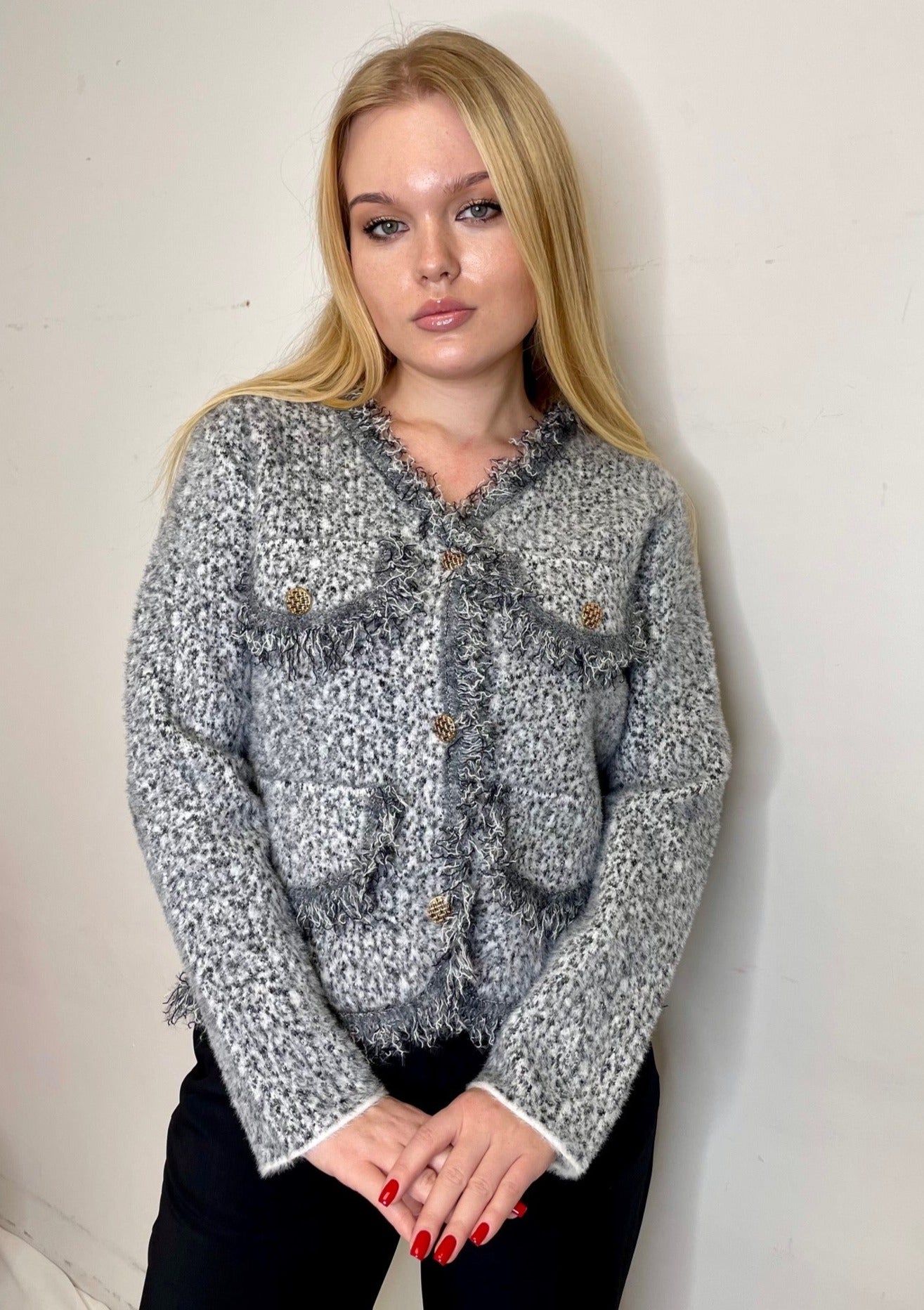 The Pink Door Fray Finish Short Cardigan - Grey