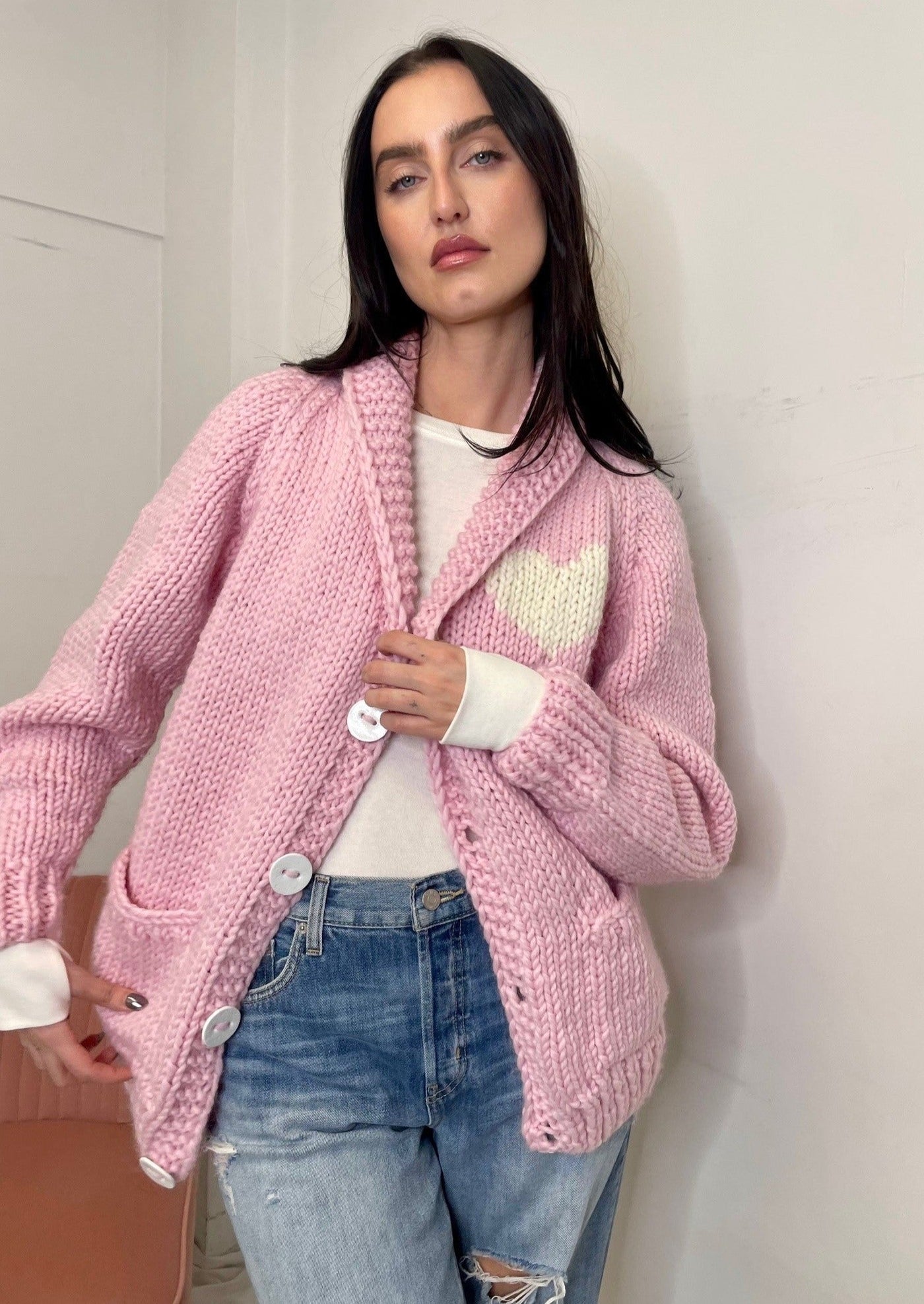 GOGO Classic Long Heart Wool Cardi - Strawberry Pink/White