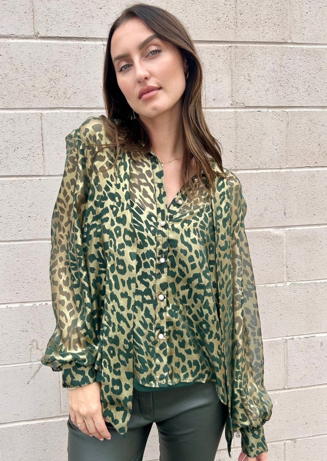 The Pink Door Leopard Print Bow Blouse - Olive/Gold