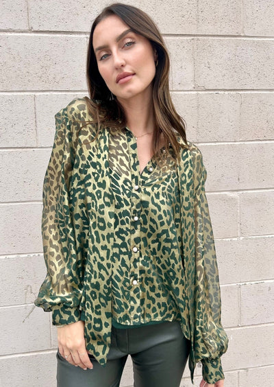 The Pink Door Leopard Print Bow Blouse - Olive/Gold