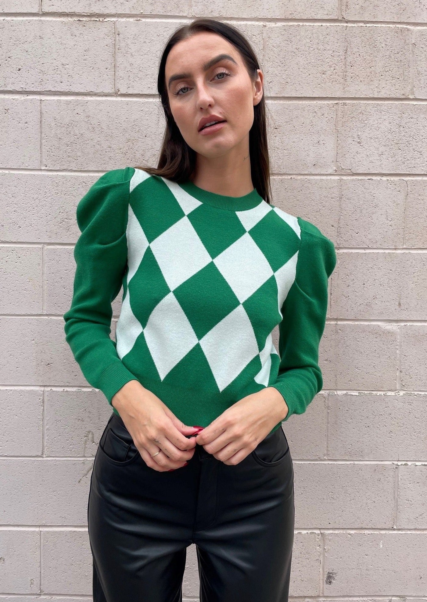 The Pink Door Diamond Checker Sweater - Green