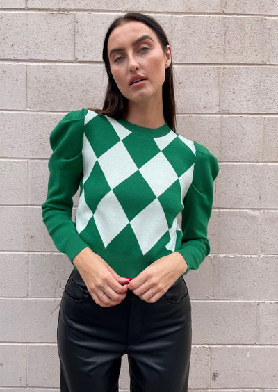 The Pink Door Diamond Checker Sweater - Green
