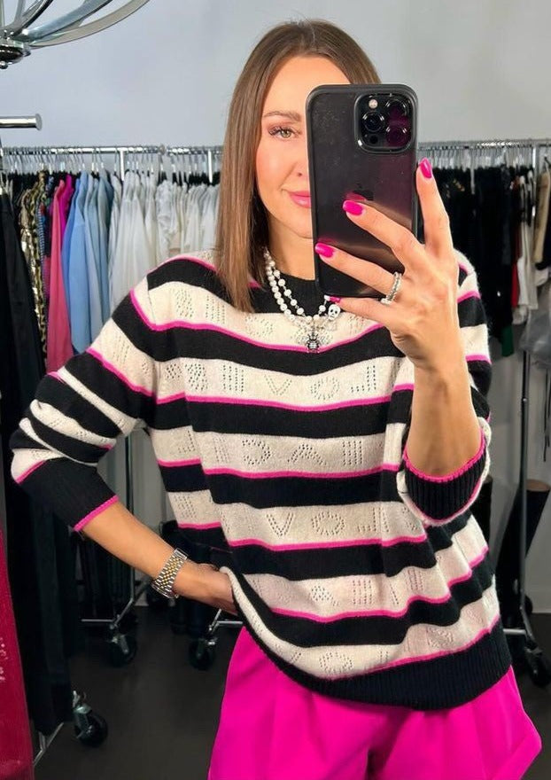 Brodie Love & Peace Pointelle Striped Sweater - Black/Cream