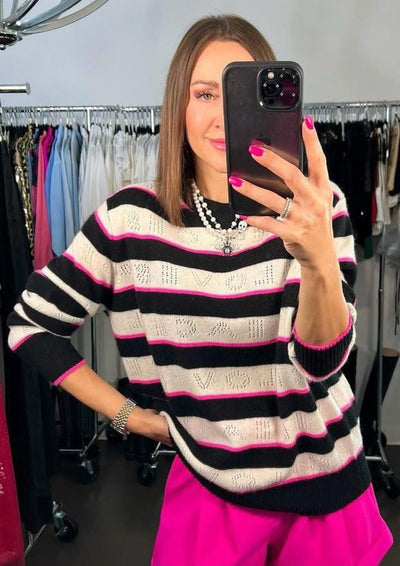 Brodie Love & Peace Pointelle Striped Sweater - Black/Cream