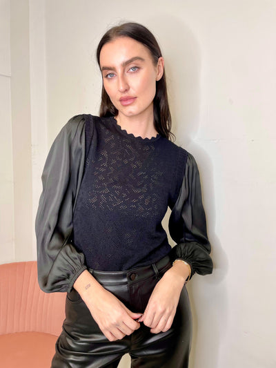 The Pink Door Knit Sweater w/ Silky Balloon Sleeves - Black