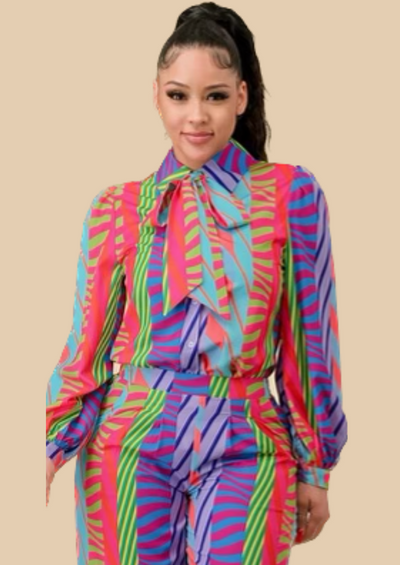 The Pink Door Abstract Print Tie Neck Blouse - Multicolour