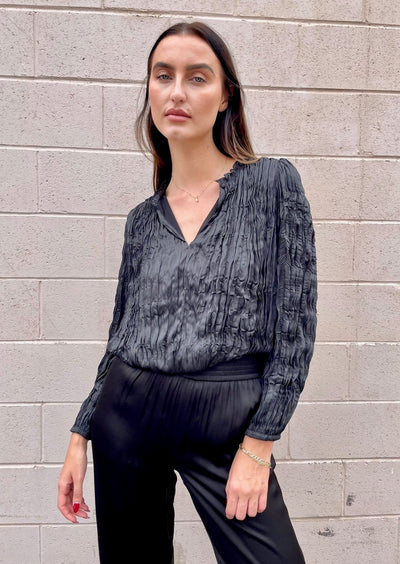 The Pink Door Crushed Pleats Silky Top - Black