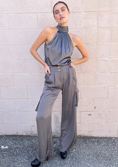 Ramy Brook Rumer Wide Leg Satin Cargo Pants - Slate Grey