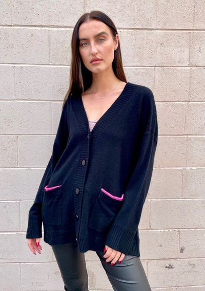 Brodie Western “Love” Cashmere Cardigan - Black/Barbie Pink