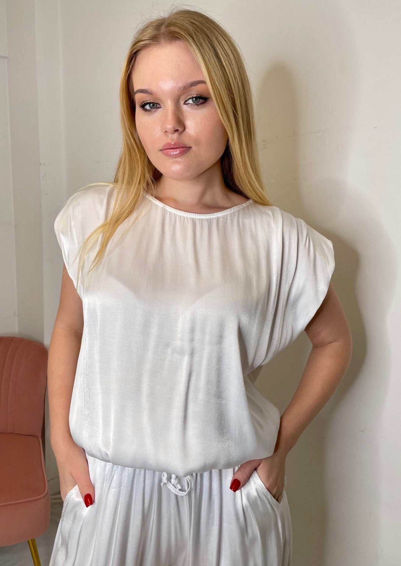 The Pink Door Satin Garterized Waist Top - White