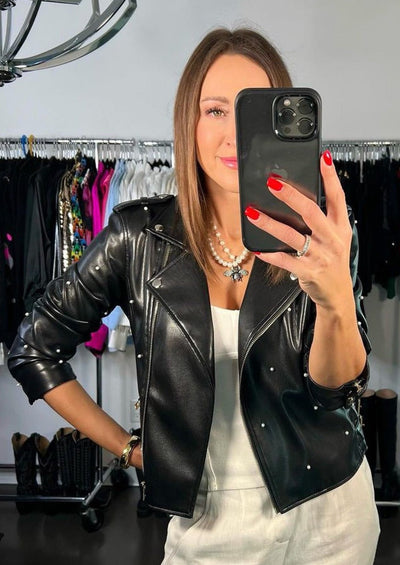 Generation Love Audrina Faux Leather Pearl Moto Jacket - Black