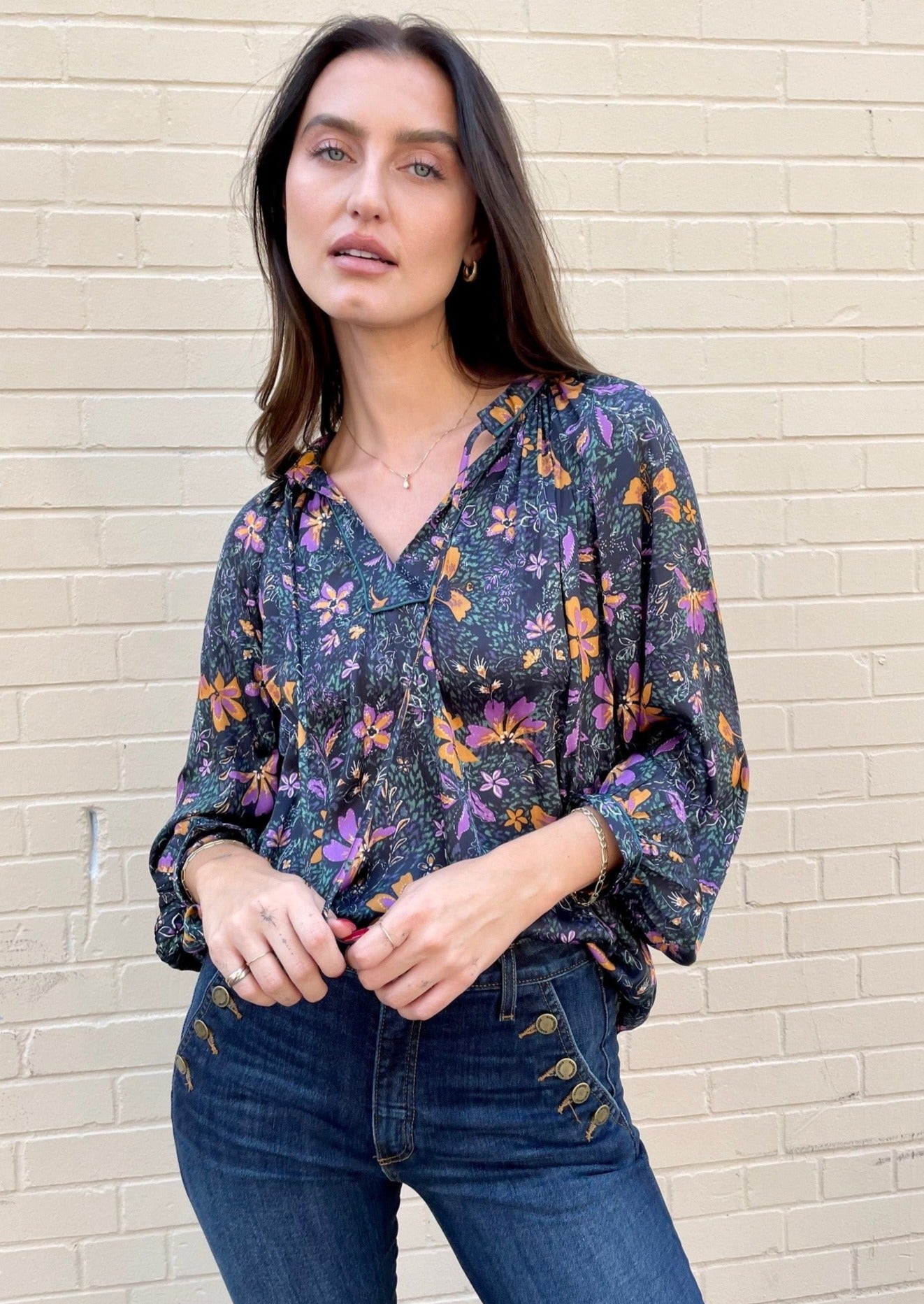The Pink Door Floral Print Blouse - Black