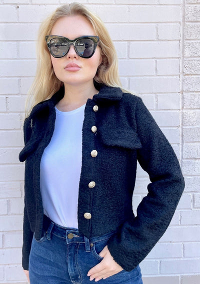 Wool Look Jacket w/ Gold Buttons - Black
