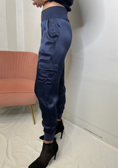 The Pink Door Soft Satin Joggers - Navy