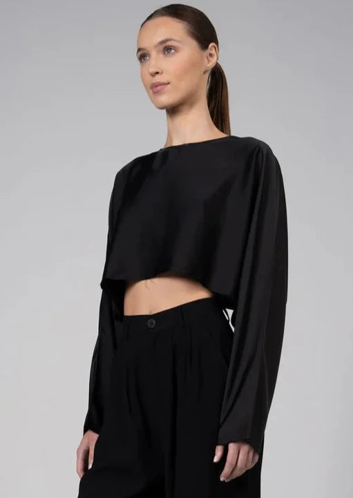 NONCHALANT Emilia Silky Raw Edge Crop Top - Black