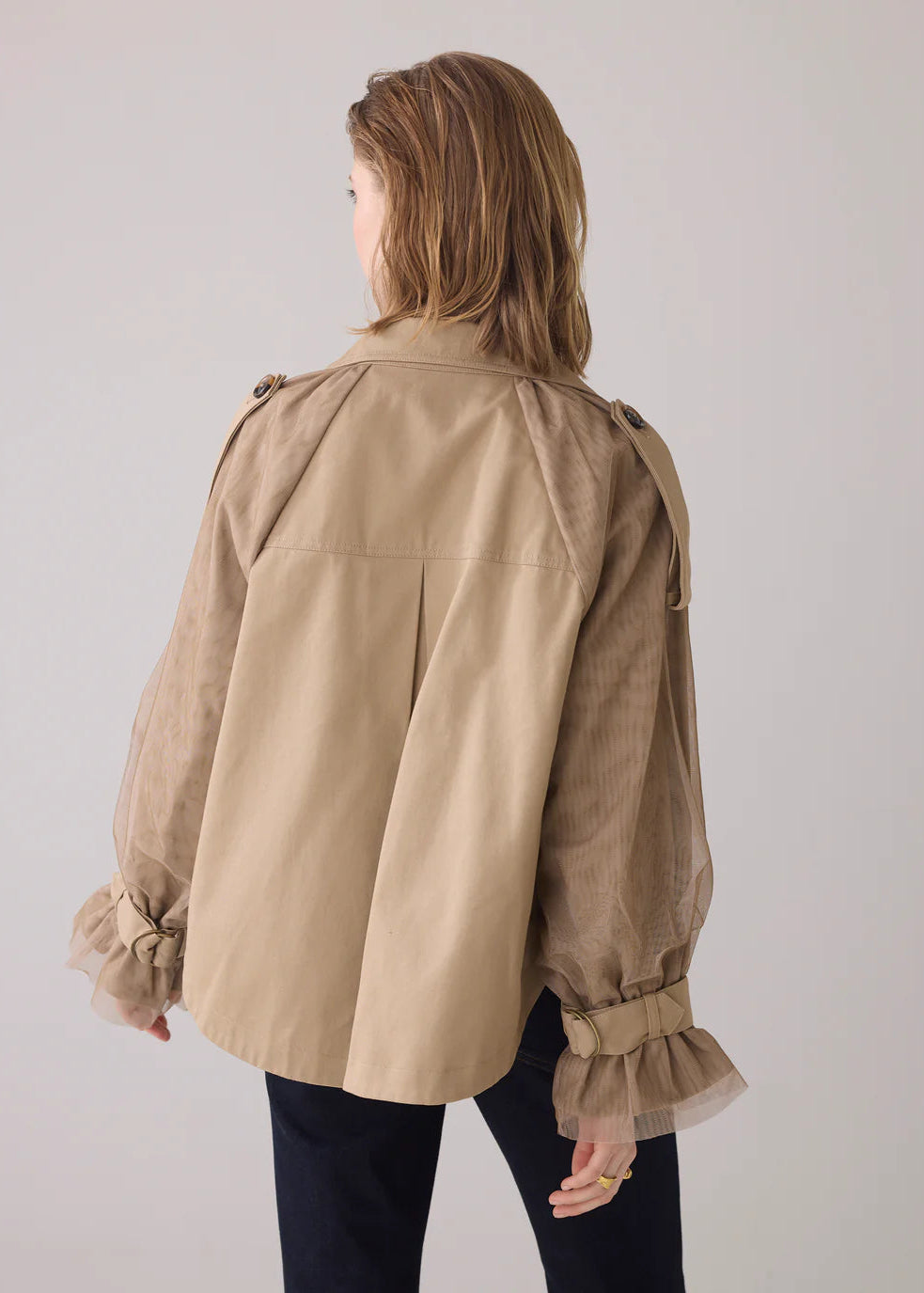 SUMMUM Trench Jacket w/ Mesh Sleeve Detail Tan