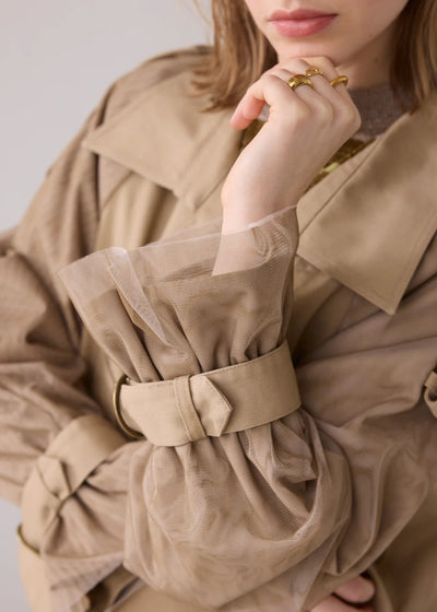 SUMMUM Trench Jacket w/ Mesh Sleeve Detail Tan