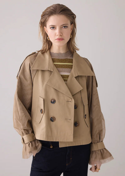 SUMMUM Trench Jacket w/ Mesh Sleeve Detail Tan