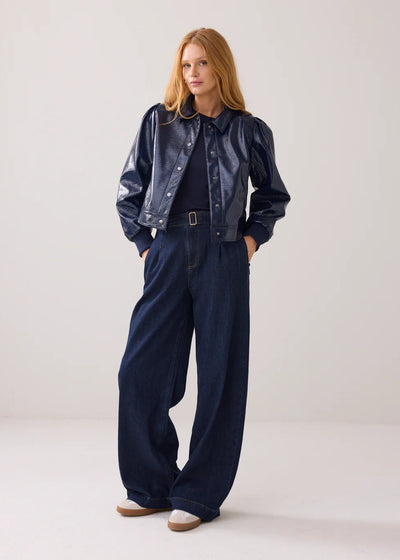 SUMMUM Patent Pouf Sleeve Jacket Navy