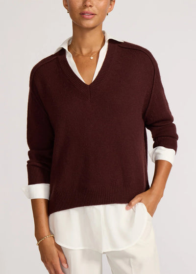 Brochu Walker V-Neck Layered Pullover Cordovan w/ White