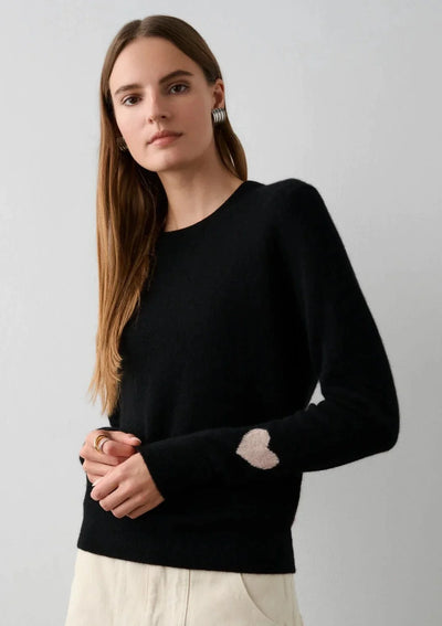 White + Warren Cashmere Heart Sleeve Crewneck Sweater - Black/Sand