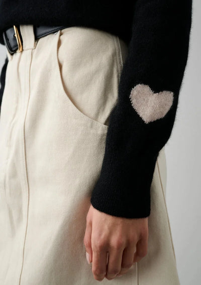 White + Warren Cashmere Heart Sleeve Crewneck Sweater - Black/Sand