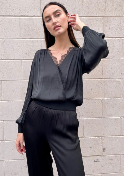 The Pink Door Crossover Blouse w/ Lace - Black