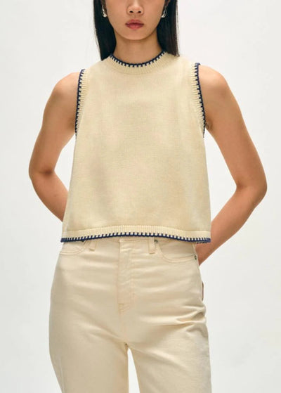 White + Warren Organic Cotton Blanket Trim Tank Ivory/Navy