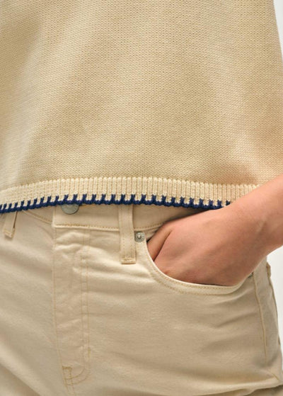 White + Warren Organic Cotton Blanket Trim Tank Ivory/Navy