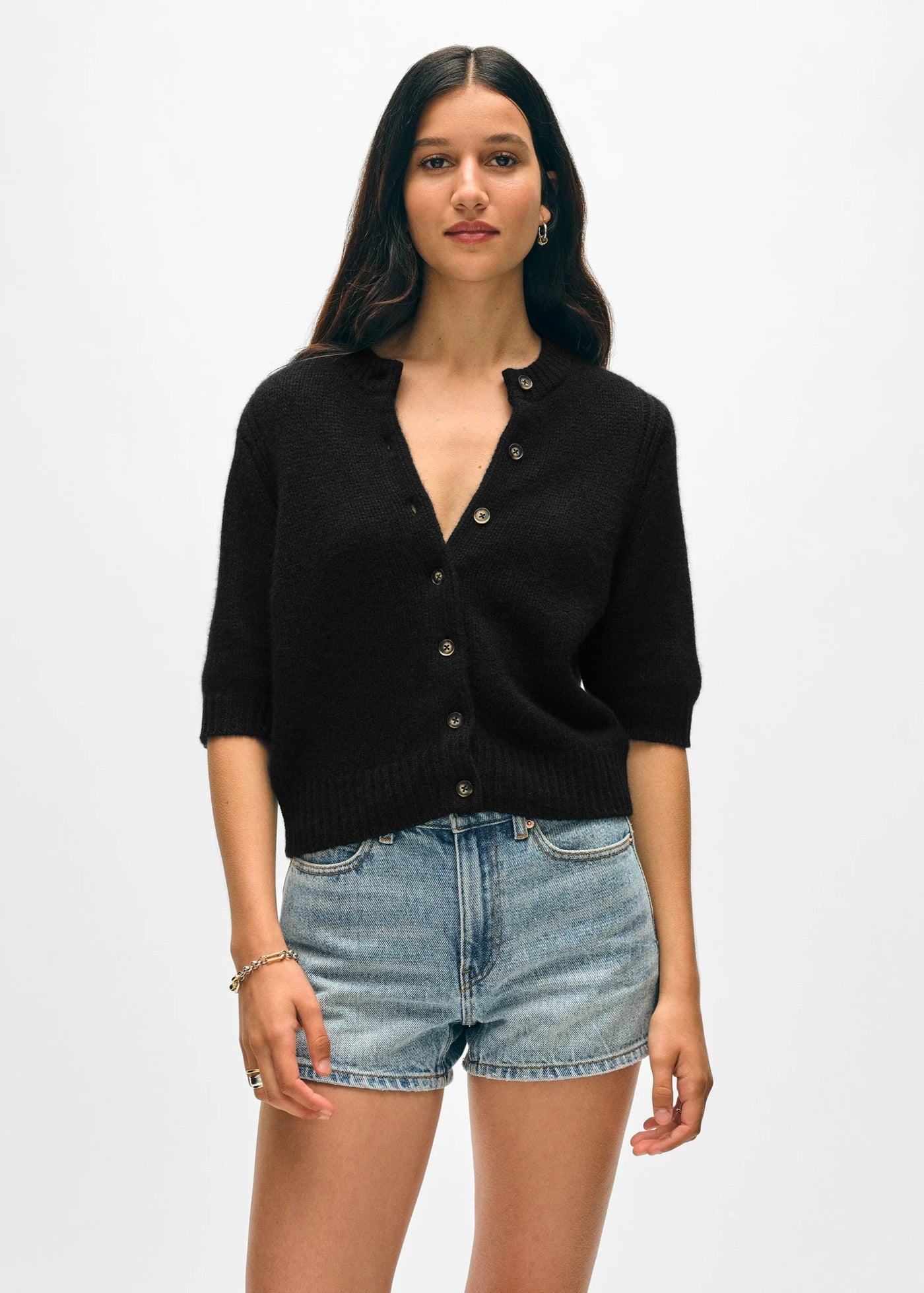 White + Warren 100% Cashmere Elbow Sleeve Black Cardigan