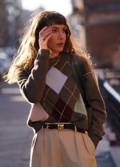 White + Warren Multi Combo 100% Cashmere Argyle Crew Brown Sweater