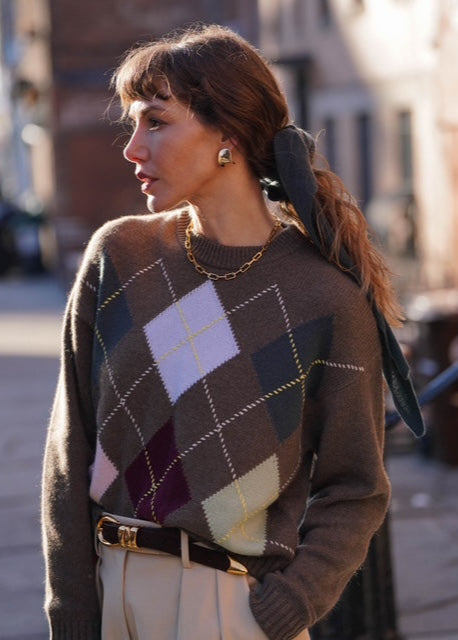 White + Warren Multi Combo 100% Cashmere Argyle Crew Brown Sweater