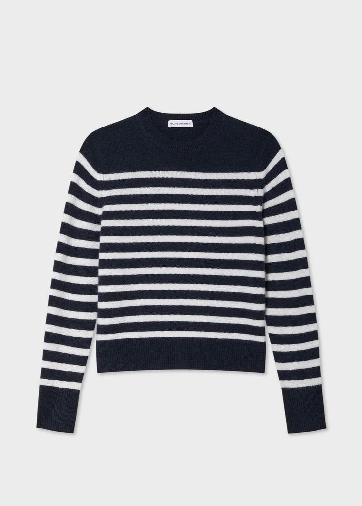 White + Warren 100% Cashmere Striped Crewneck Navy Sweater