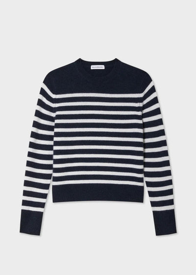 White + Warren 100% Cashmere Striped Crewneck Navy Sweater