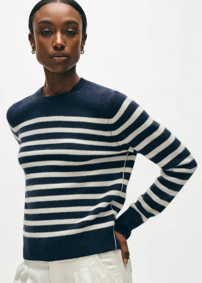 White + Warren 100% Cashmere Striped Crewneck Navy Sweater