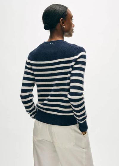 White + Warren 100% Cashmere Striped Crewneck Navy Sweater