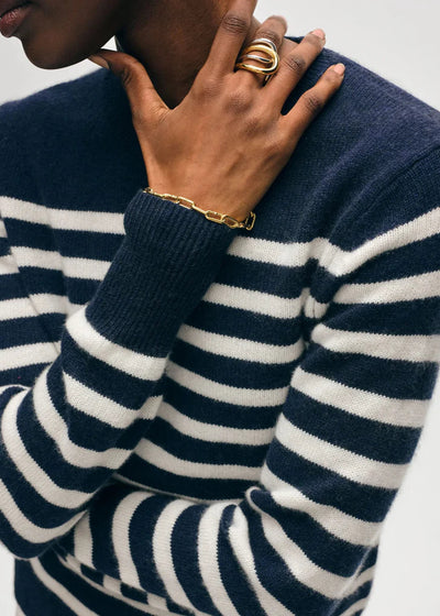 White + Warren 100% Cashmere Striped Crewneck Navy Sweater