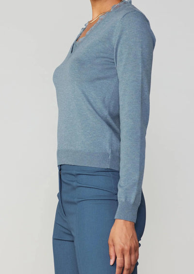 The Pink Door Lace Collar V-neck Sweater - Dusty Blue