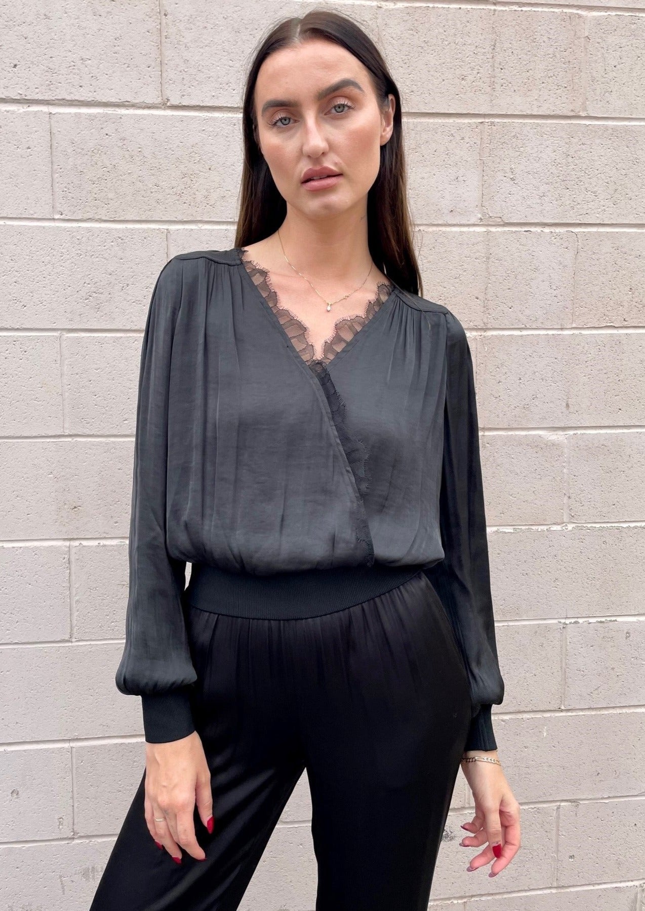 The Pink Door Crossover Blouse w/ Lace - Black