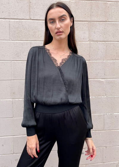 The Pink Door Crossover Blouse w/ Lace - Black