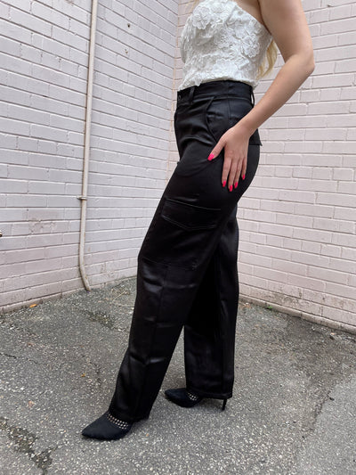 The Pink Door Silky Trousers w/ Cargo Pockets - Black