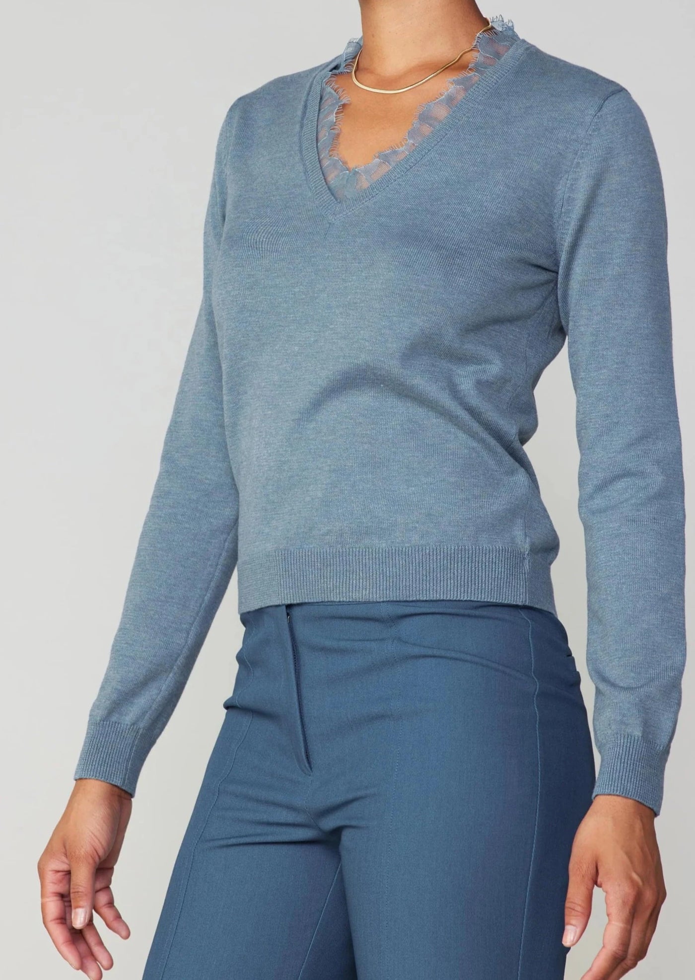 The Pink Door Lace Collar V-neck Sweater - Dusty Blue