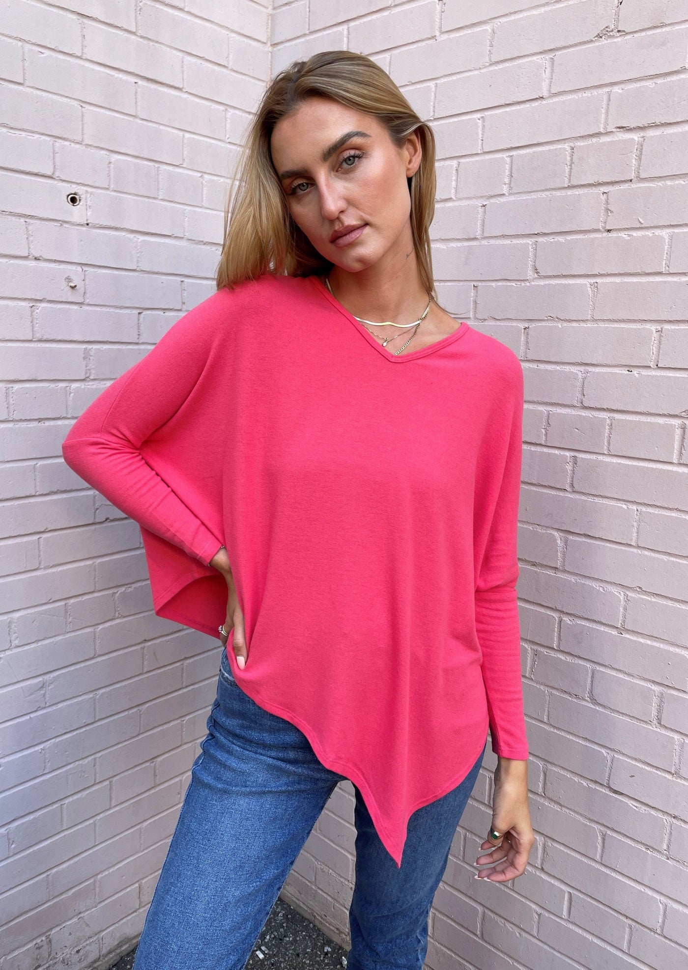 Stark X Soft Solid Asymmetrical V Neck Top - Rouge